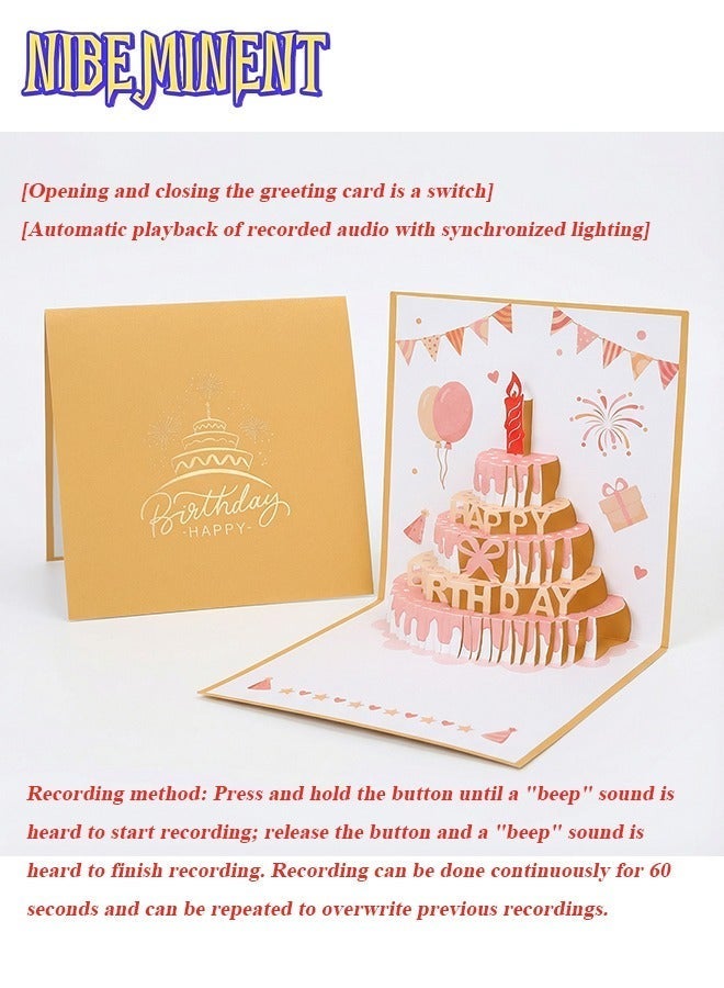 NIBEMINENT 3D Birthday Cards, Can Make a Recording Convey Your Blessings With Warm LED Light Birthday Cake Card, Music Greeting Cards Gift for Women Mom Wife Sister Girl - Image 4